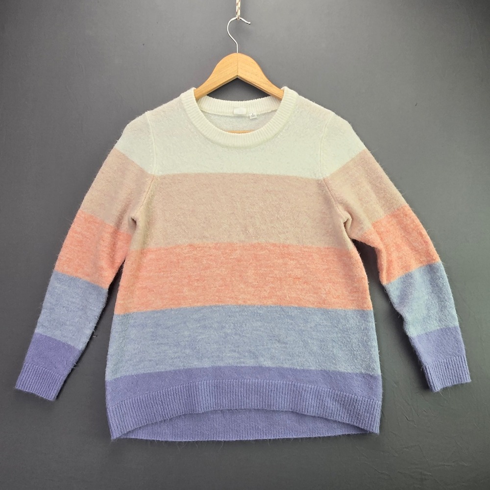 Gap Sweater Womens Small Pastel Striped Fuzzy Crewneck Knit Pullover Multi Color
